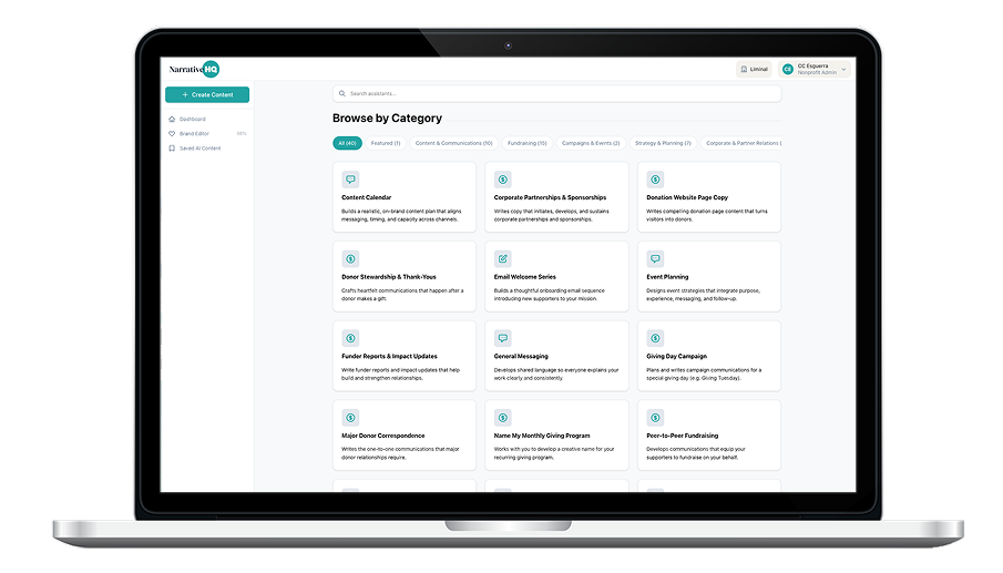 NarrativeHQ AI assistant generating on-brand nonprofit content